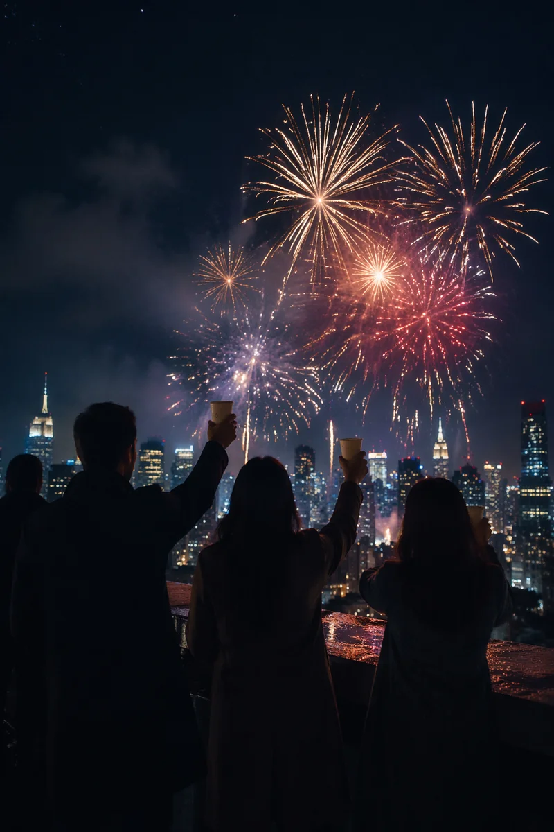New Year Fireworks Over City Skyline