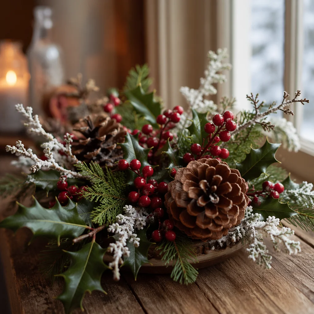 Rustic Pine Cone and Holly Winter Arrangement