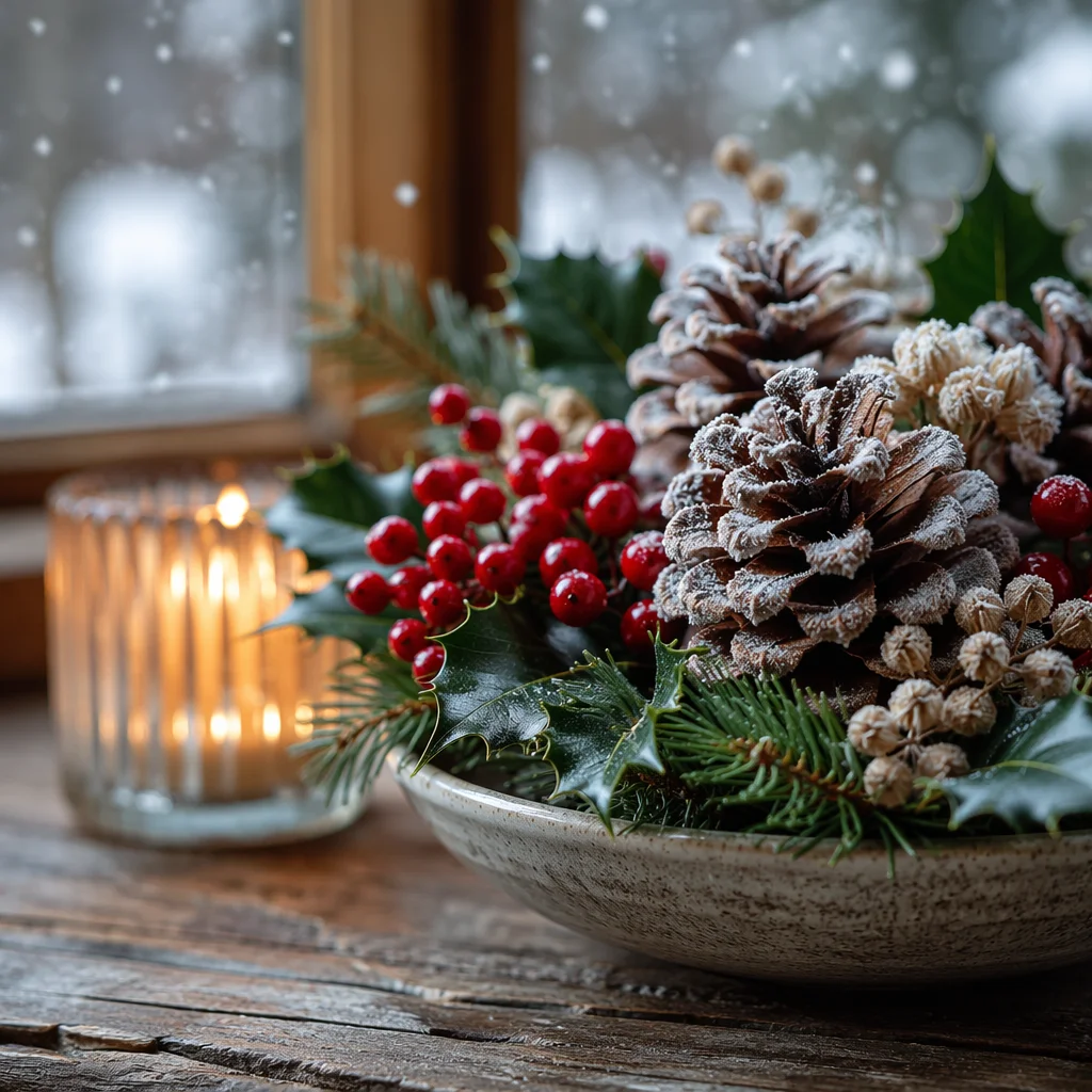 Frosted Pine Cones and Holly Winter Centerpiece