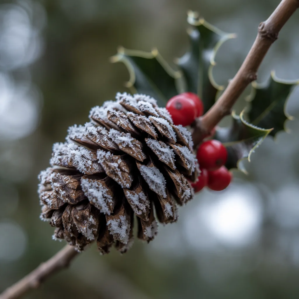 Frosted Pine Cone with Holly Berries