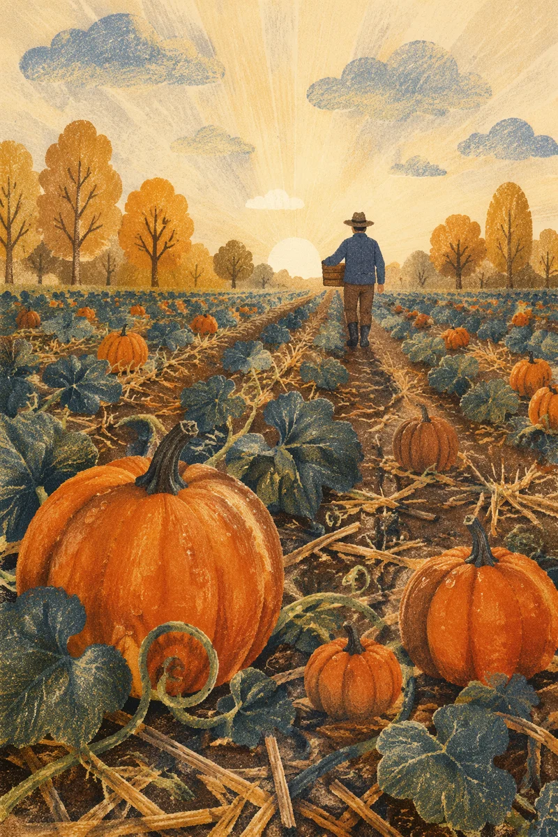 Autumn Pumpkin Patch Rows at Dawn