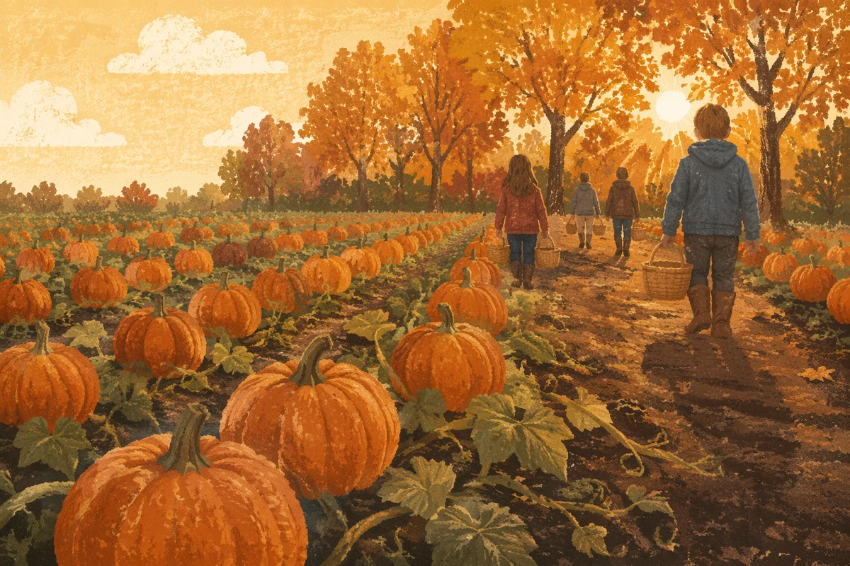 Autumn Pumpkin Patch Rows at Sunset