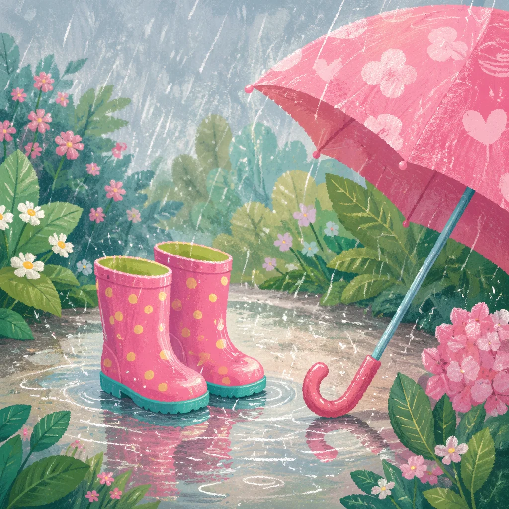 Pink Rain Boots and Umbrella Puddle