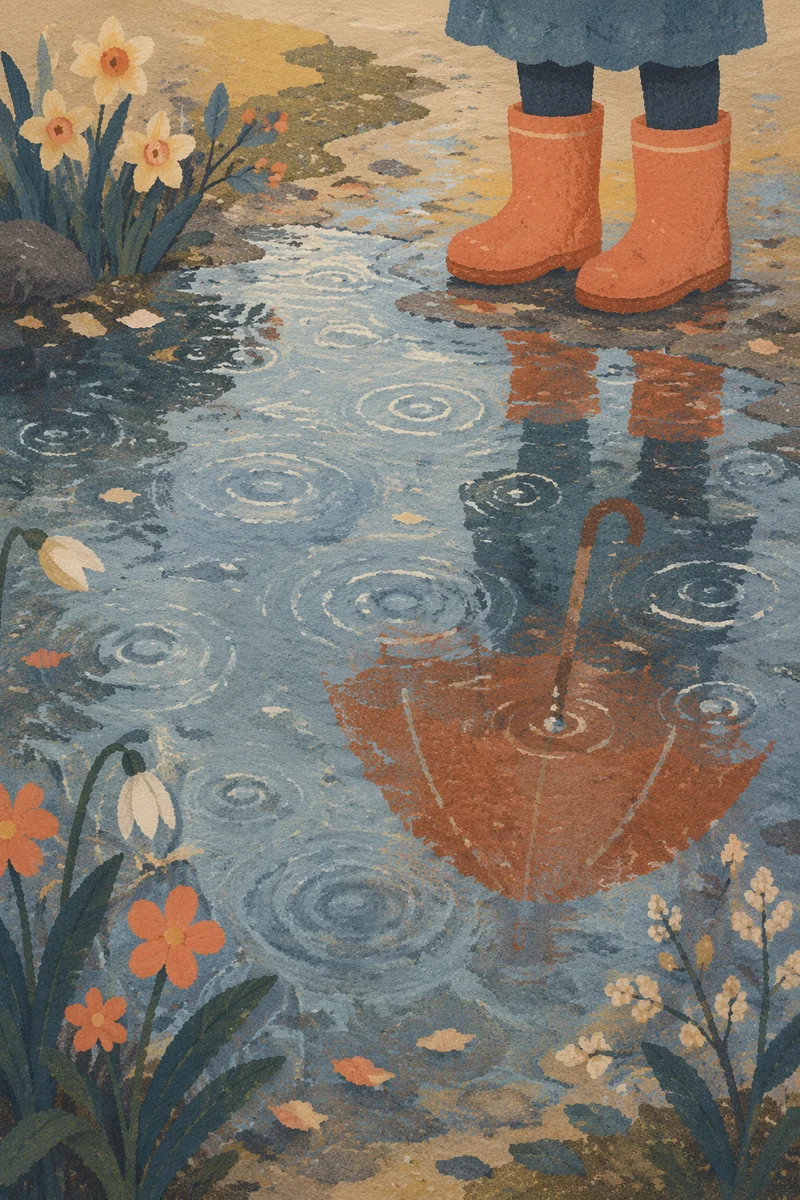 Spring Rain Puddle with Boots and Umbrella