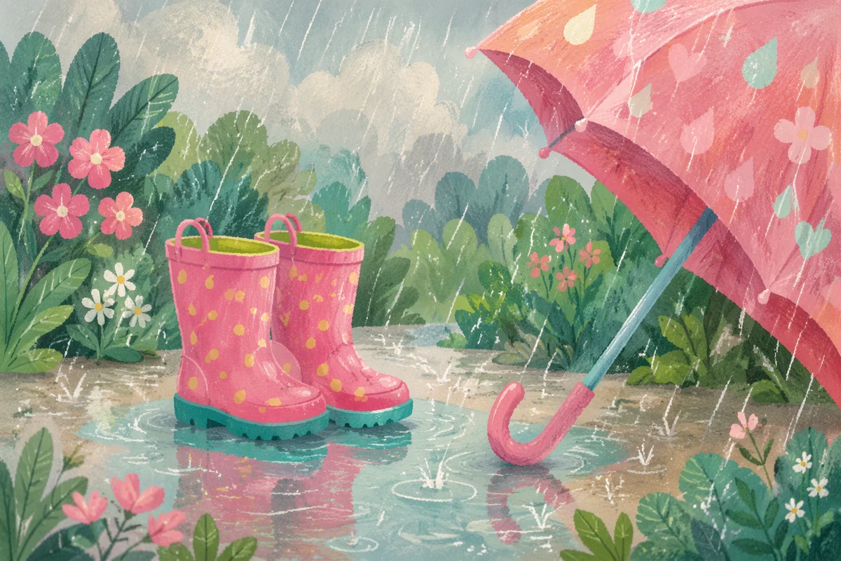 Pink Rain Boots and Umbrella in Spring