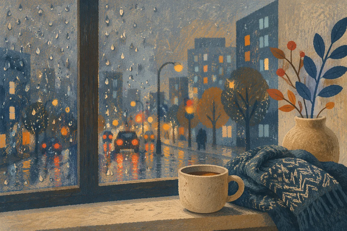 Rainy Window Drops and Blurred City Lights