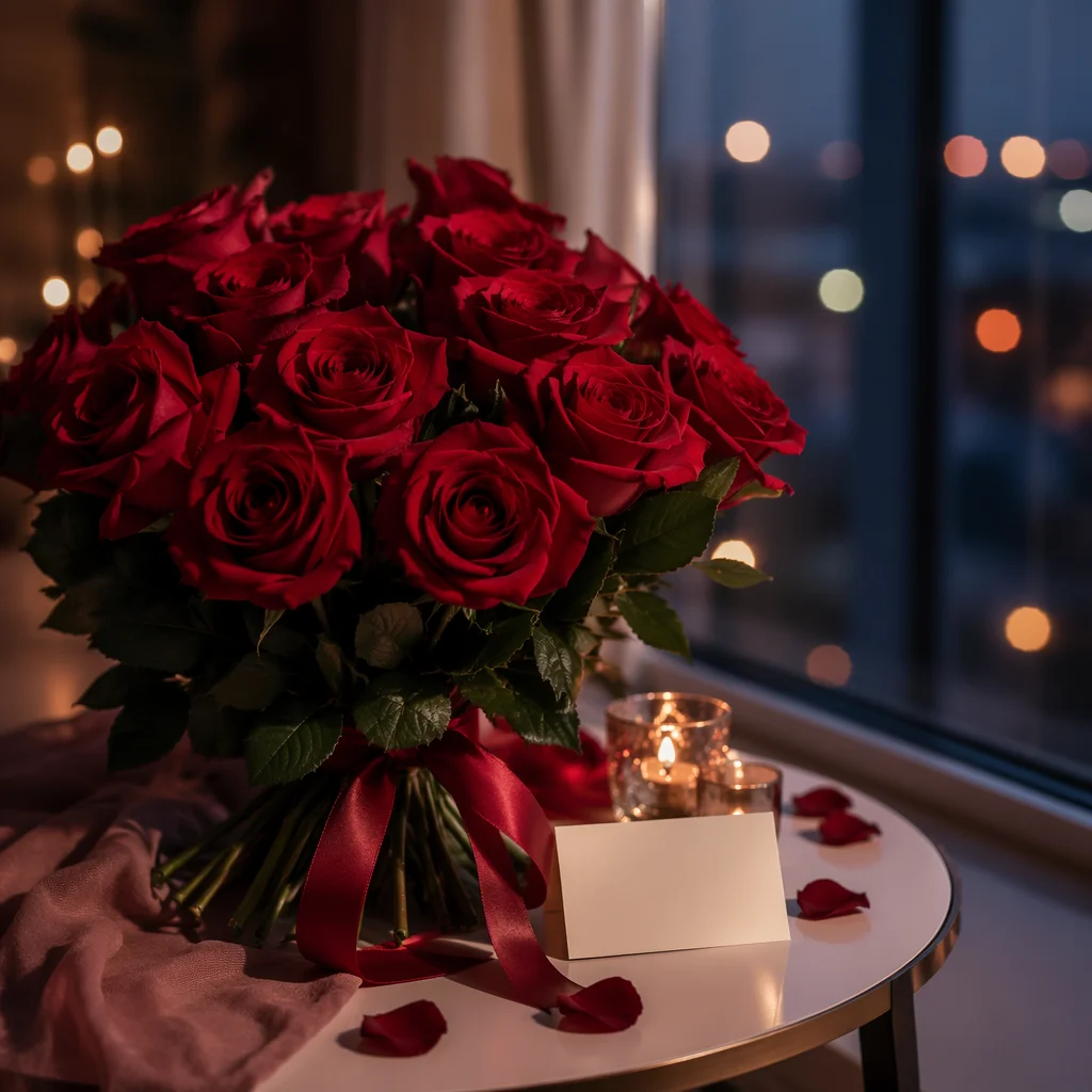 Romantic Red Roses Bouquet by Window