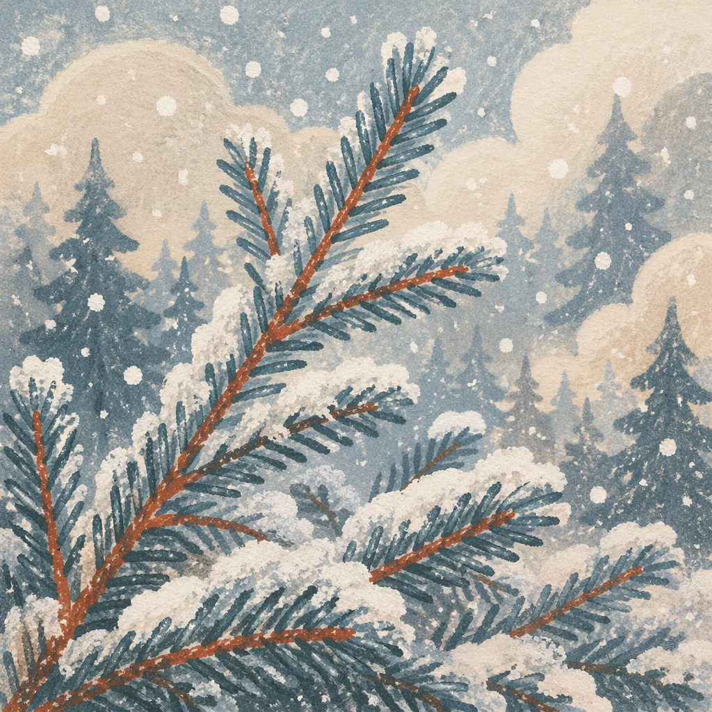 Snowfall on Evergreen Branches Close Up