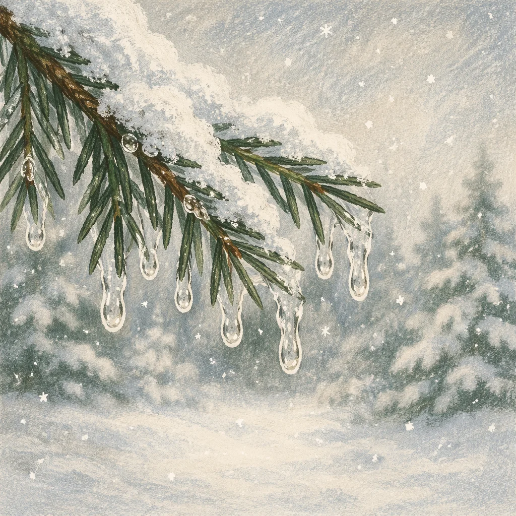Winter Snowflakes on Evergreen Pine Branches