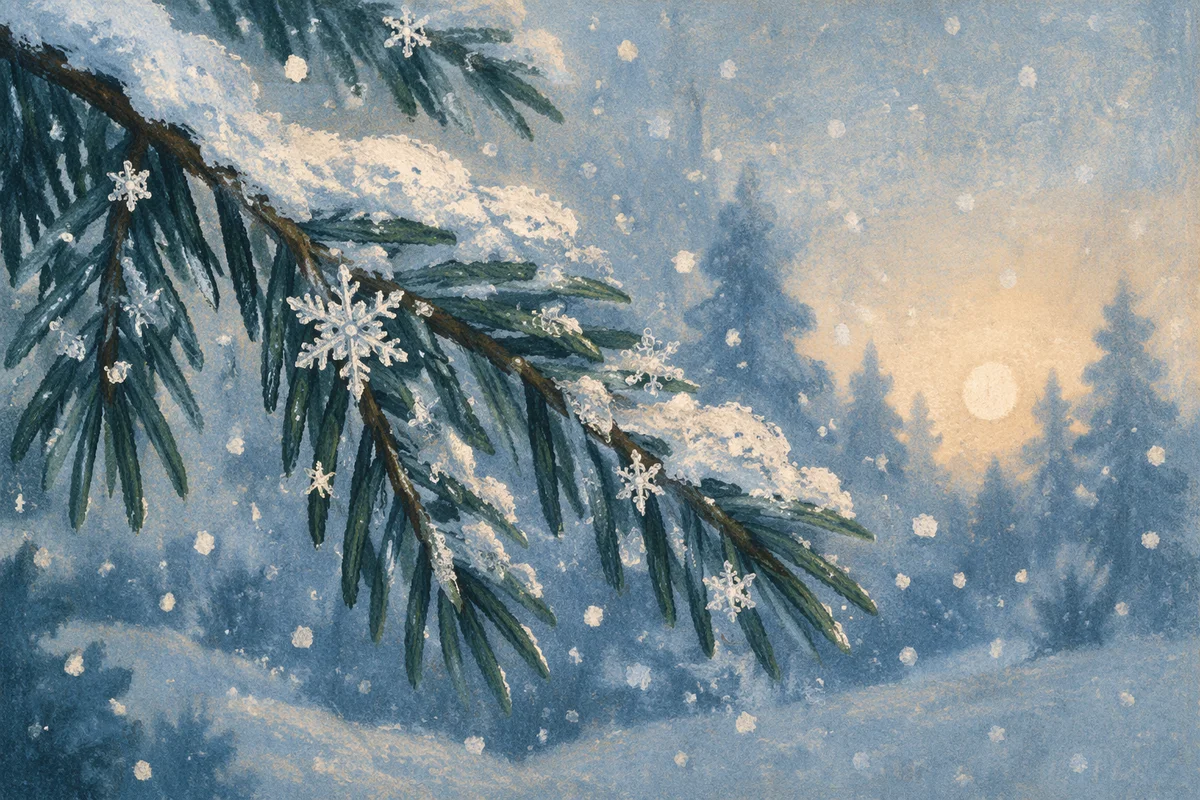 Snowflakes on Evergreen Branches at Blue Hour
