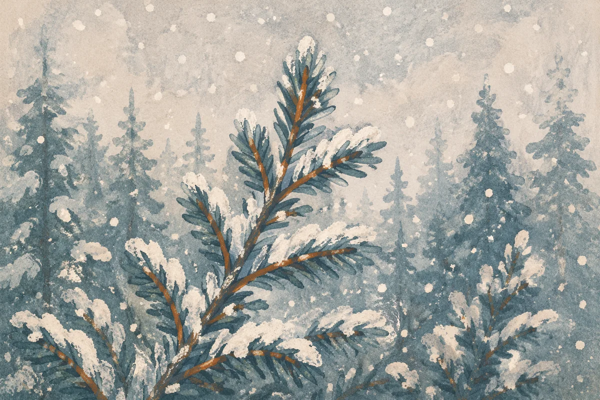 Snowflakes on Evergreen Branches in Winter