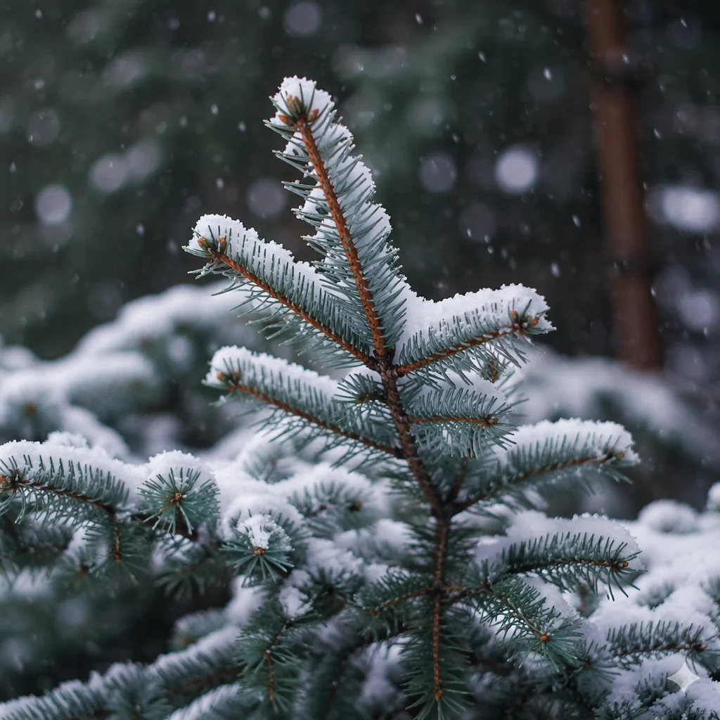 Snowfall on Evergreen Spruce Branches Close Up
