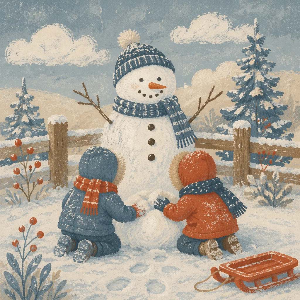 Children Building Snowman in Winter Backyard