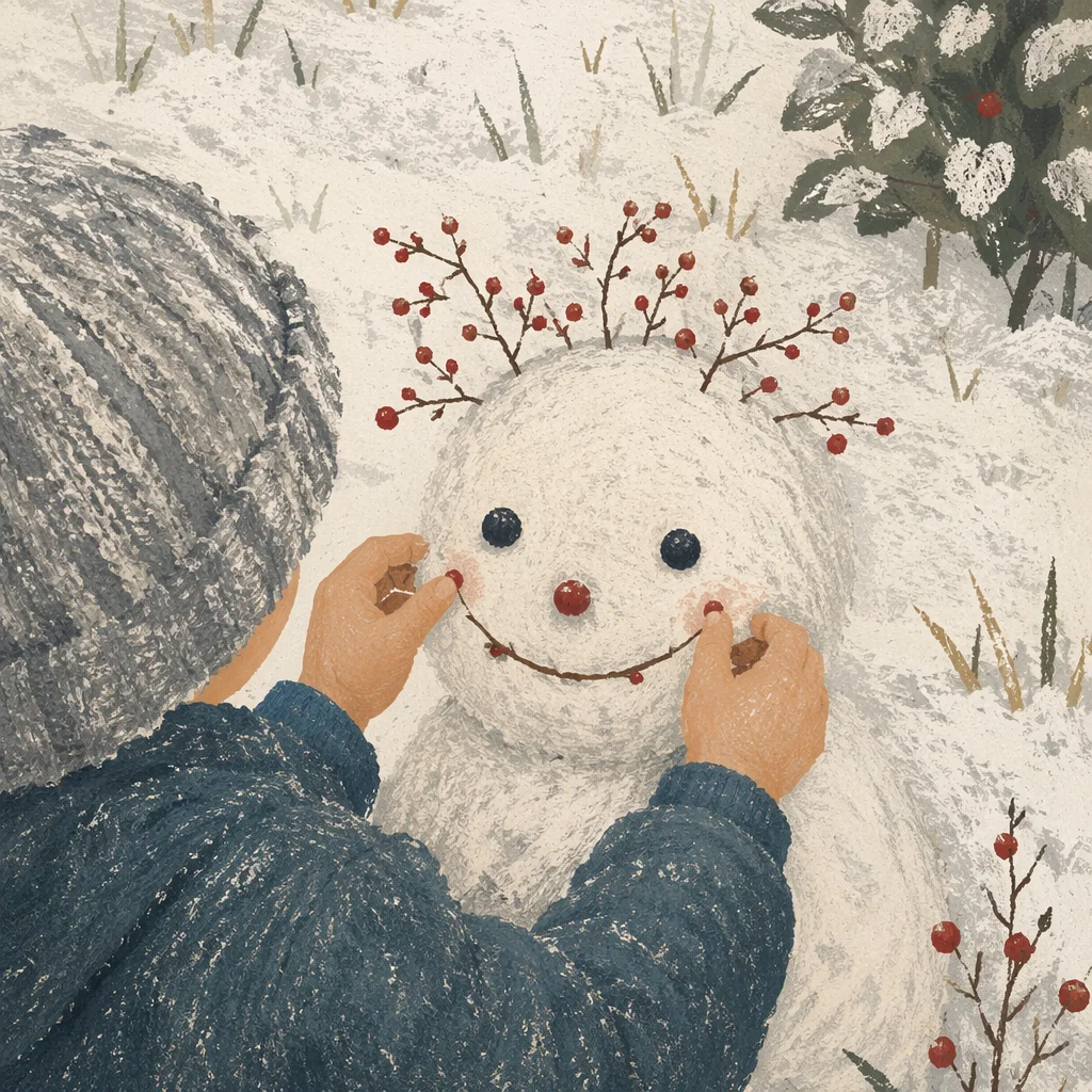 Child Decorating Snowman in Snowy Backyard