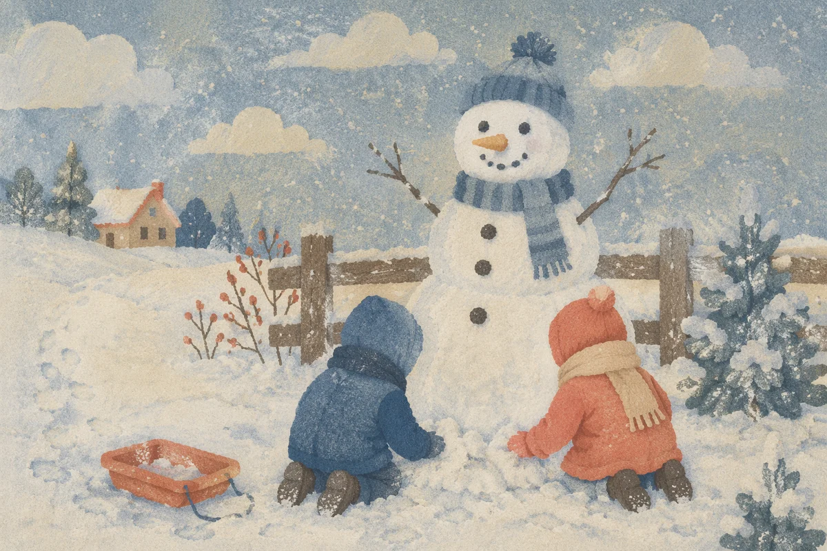 Children Building Snowman in Winter Backyard