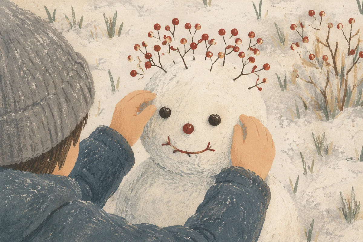 Child Decorating Snowman in Quiet Backyard