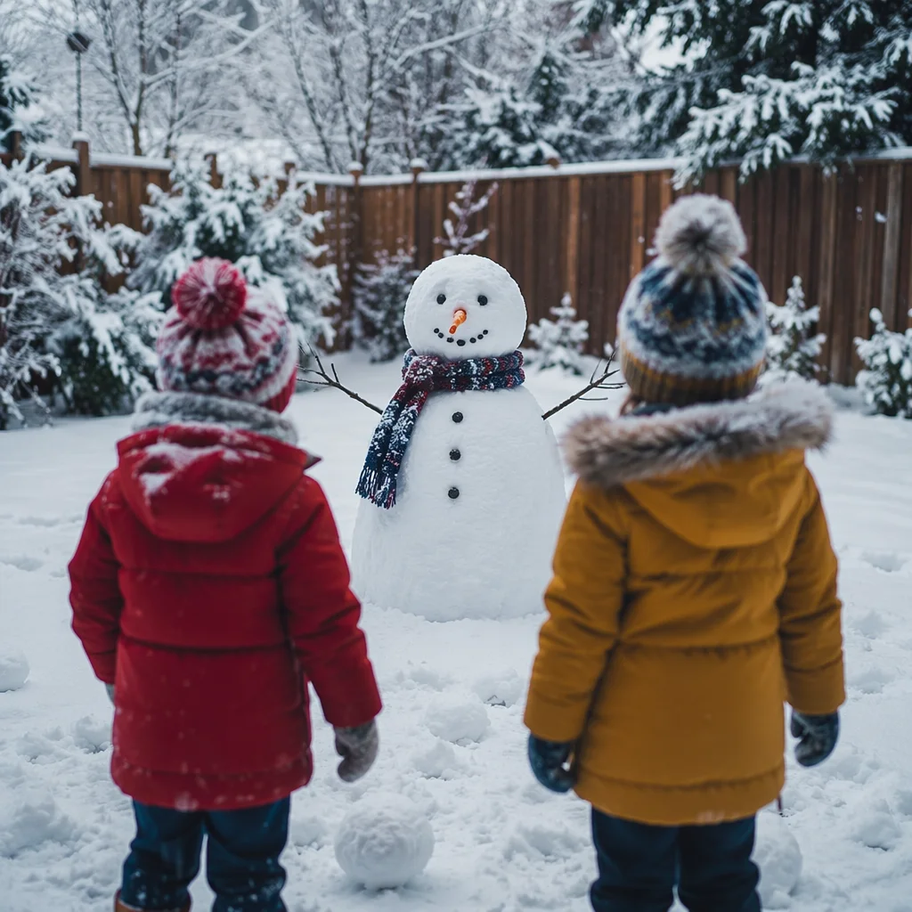 Children Admiring Snowman in Winter Backyard