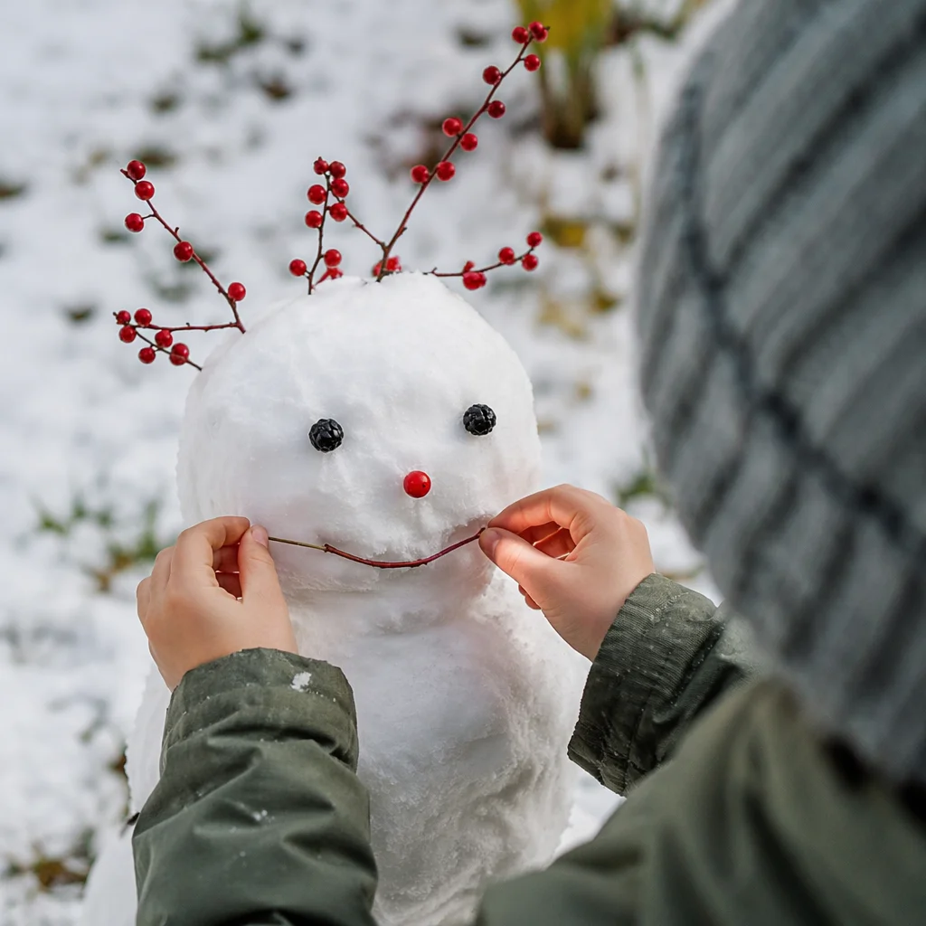 Child Decorating Backyard Snowman in Winter