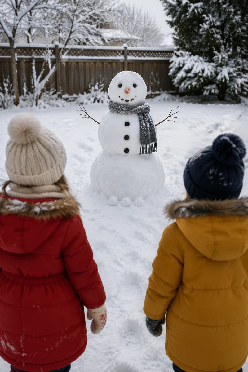 Children Admiring Snowman in Snowy Backyard