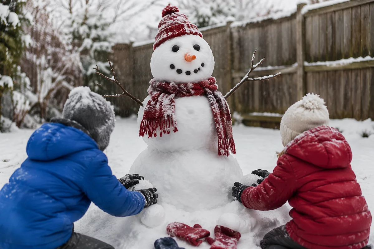 Children Building Snowman in Backyard Winter