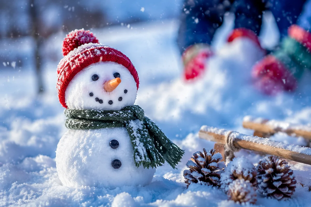 Cheerful Backyard Snowman on Snowy Day
