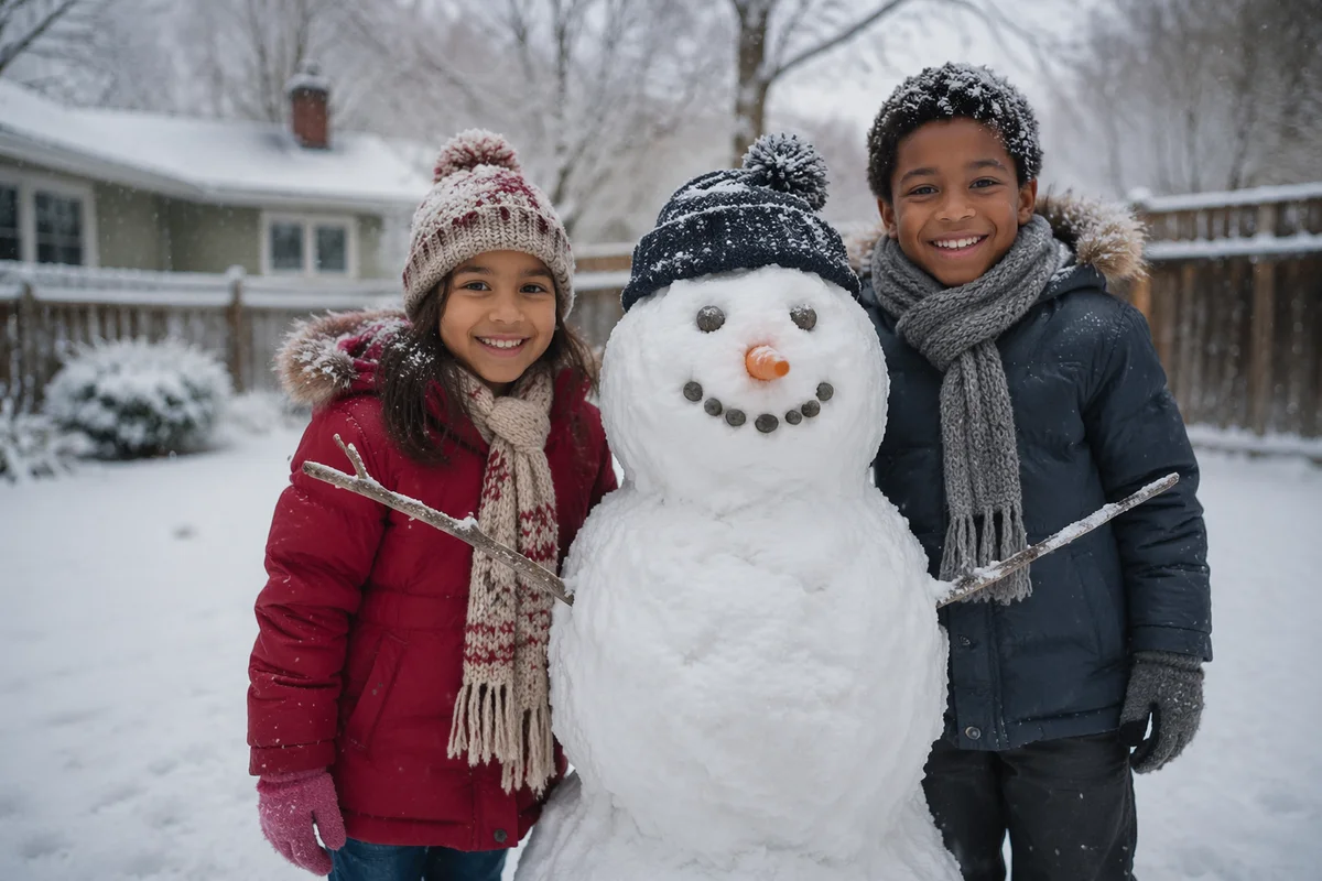 Two Children Beside Backyard Snowman