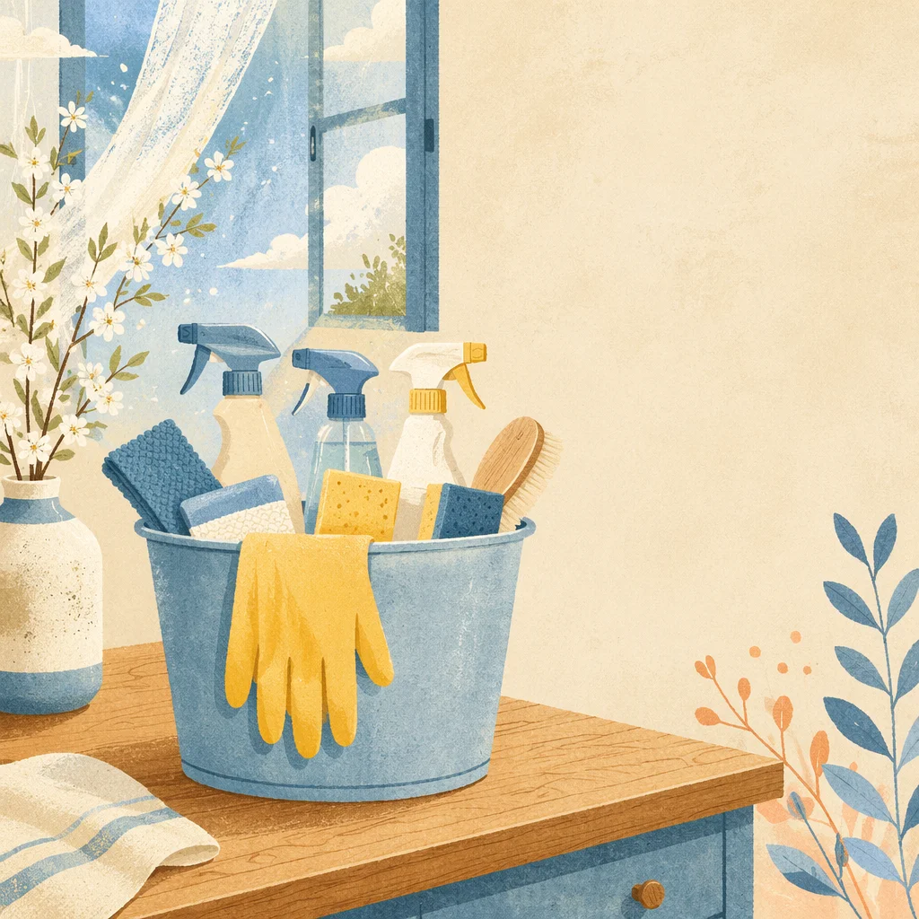 Spring Cleaning Bucket in Sunlit Kitchen