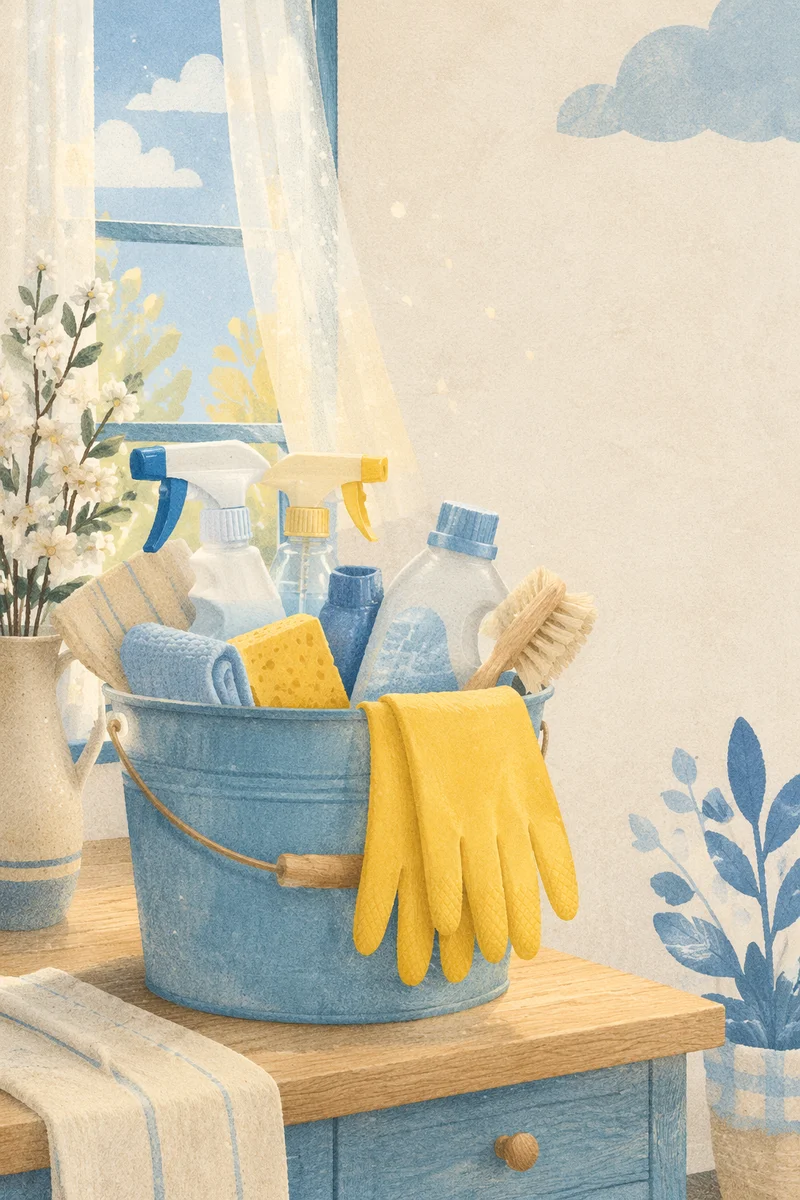 Sunlit Spring Cleaning Bucket in Kitchen