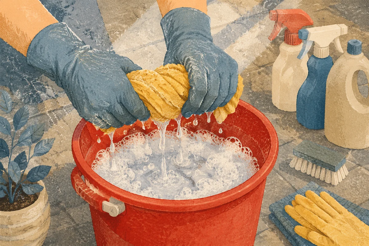 Spring Cleaning Supplies with Bucket and Gloves