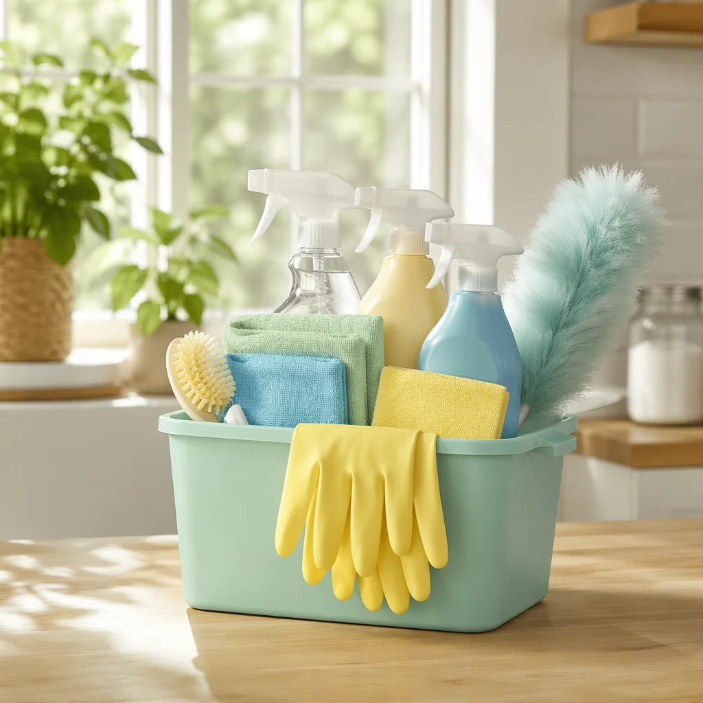 Spring Cleaning Supplies in Organized Bucket