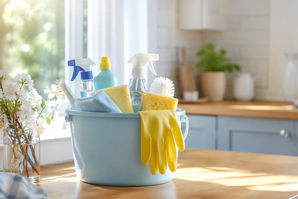 Spring Cleaning Supplies in Sunlit Kitchen