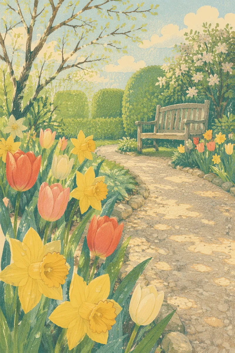 Spring Garden Daffodils and Tulips in Bloom