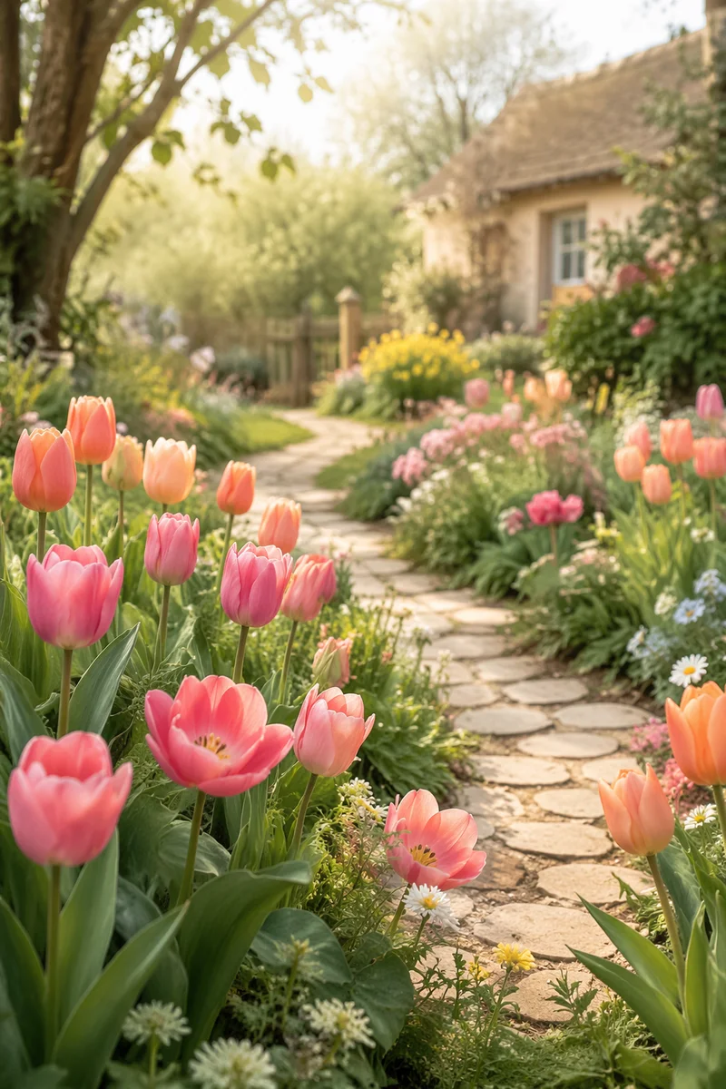Spring Garden with Daffodils and Tulips