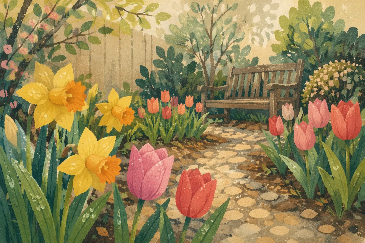 Spring Garden Daffodils and Tulips Blooming