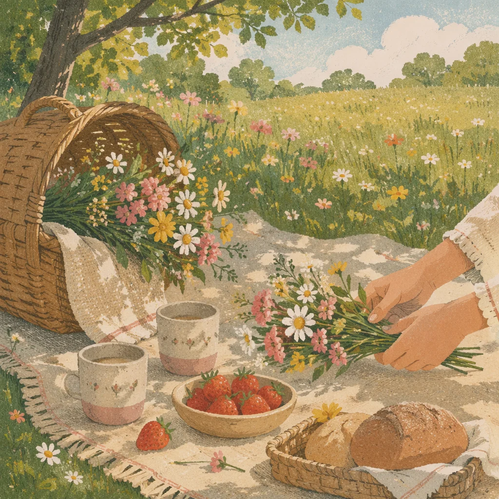 Spring Picnic Basket on Meadow Blanket