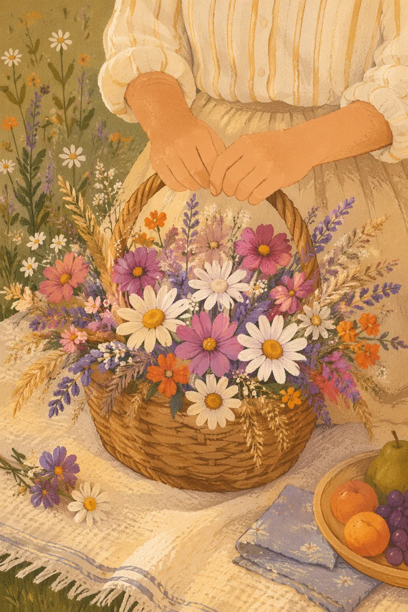 Spring Picnic Basket with Wildflowers