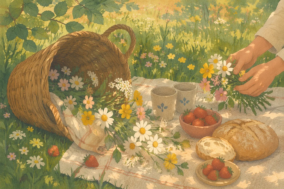 Spring Picnic Blanket with Flowers Basket