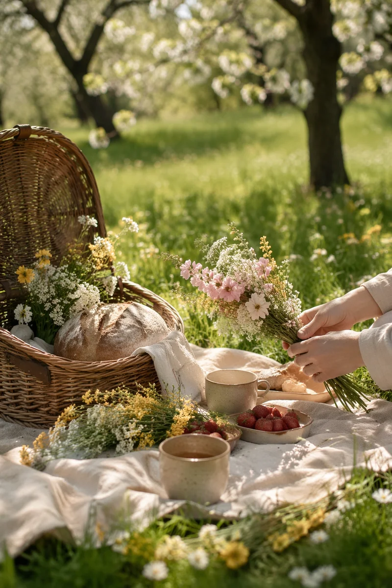 Spring Picnic Basket on Meadow Blanket