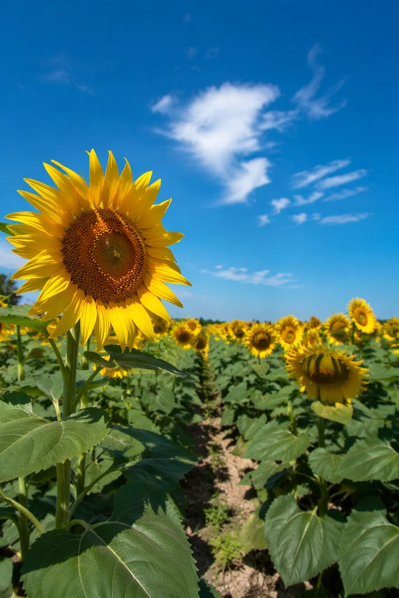 Bright Summer Sunflower Field Under Blue Sky