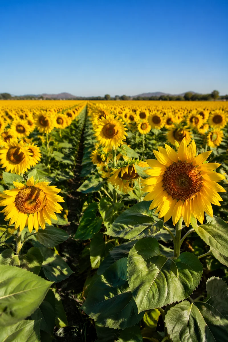 Bright Summer Sunflower Field Under Blue Sky