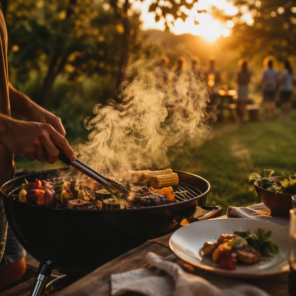 Golden Hour Backyard Barbecue Smoke Scene