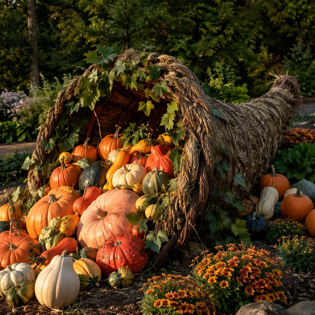 Autumn Cornucopia Overflowing with Harvest Produce