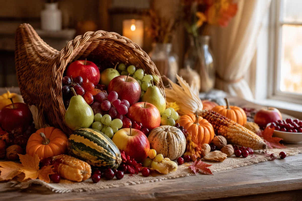 Thanksgiving Cornucopia with Autumn Harvest Table