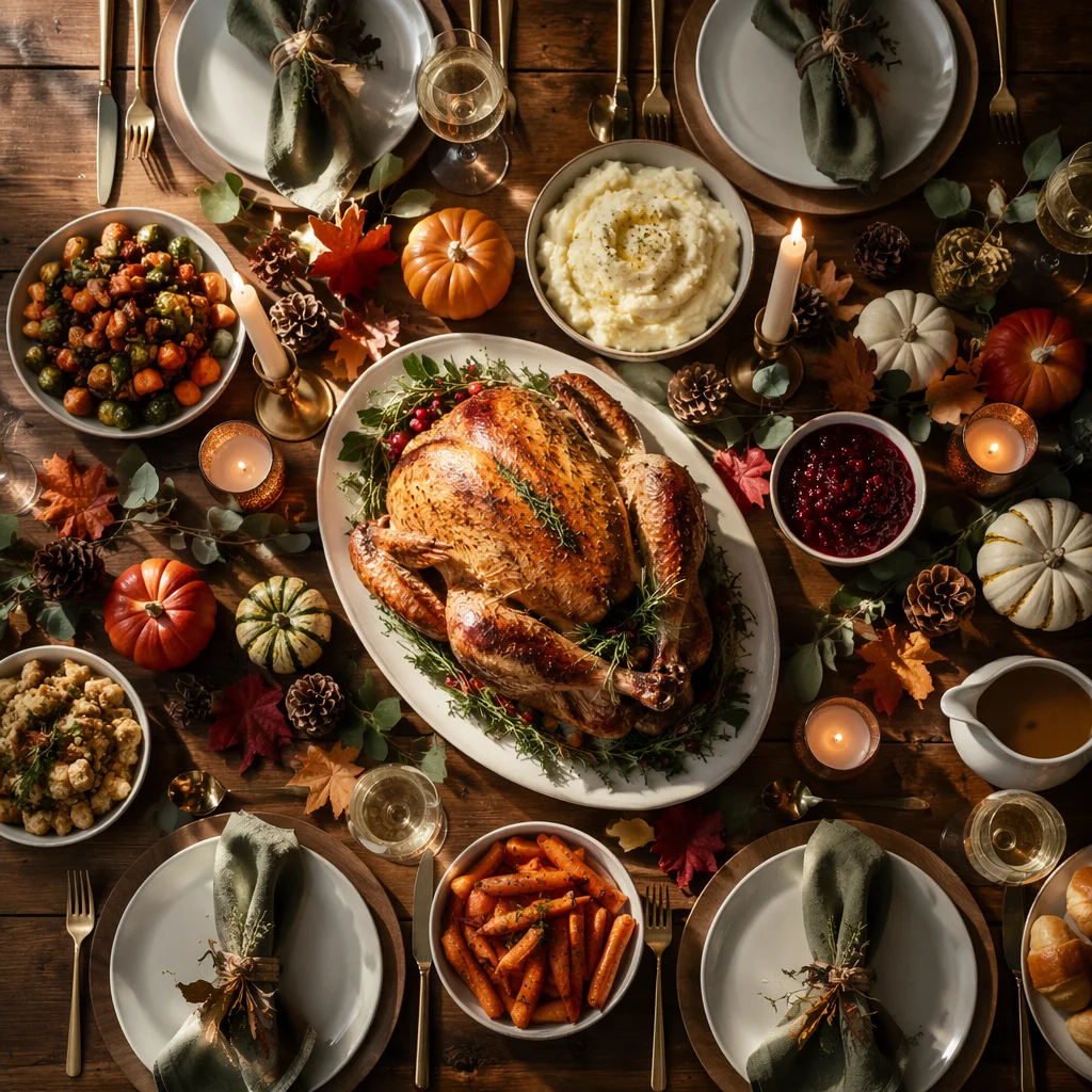 Cozy Thanksgiving Turkey Table Overhead View