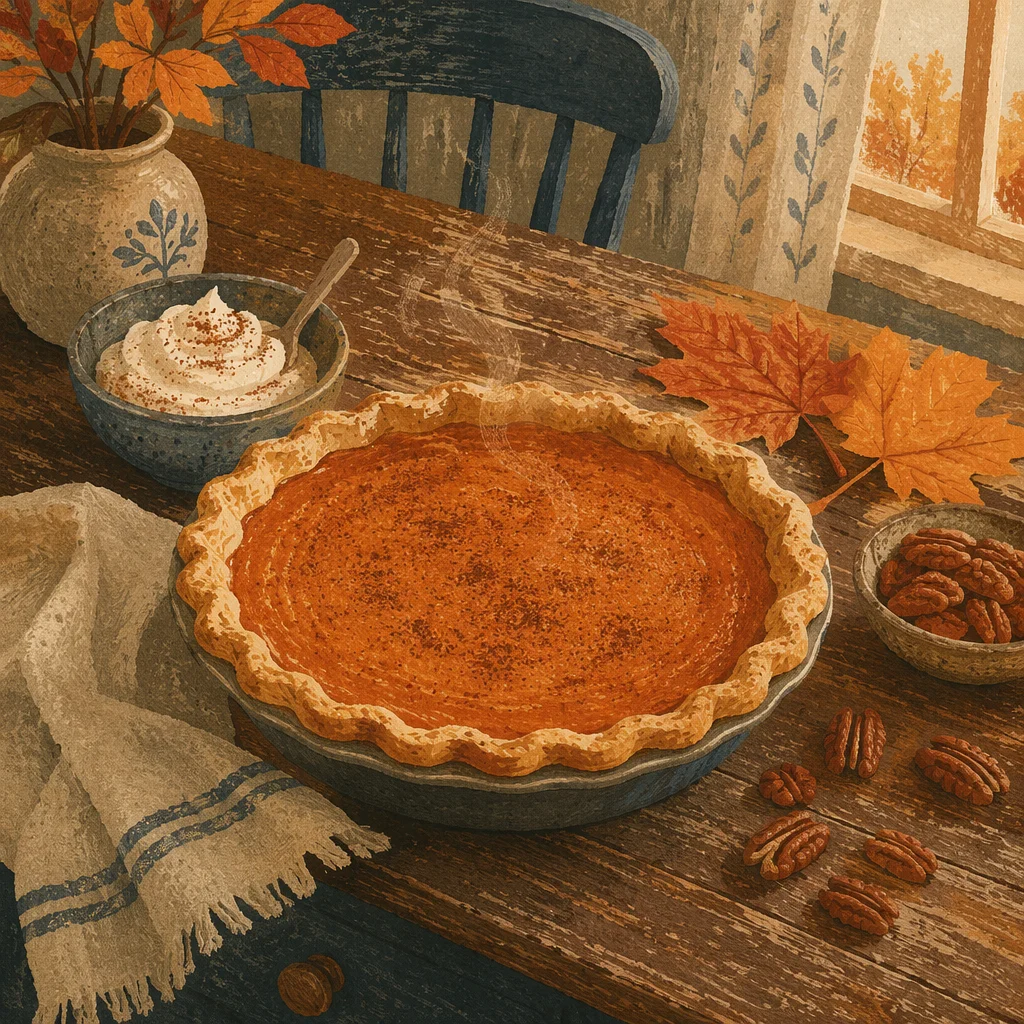 Thanksgiving Pumpkin Pie on Rustic Farmhouse Table