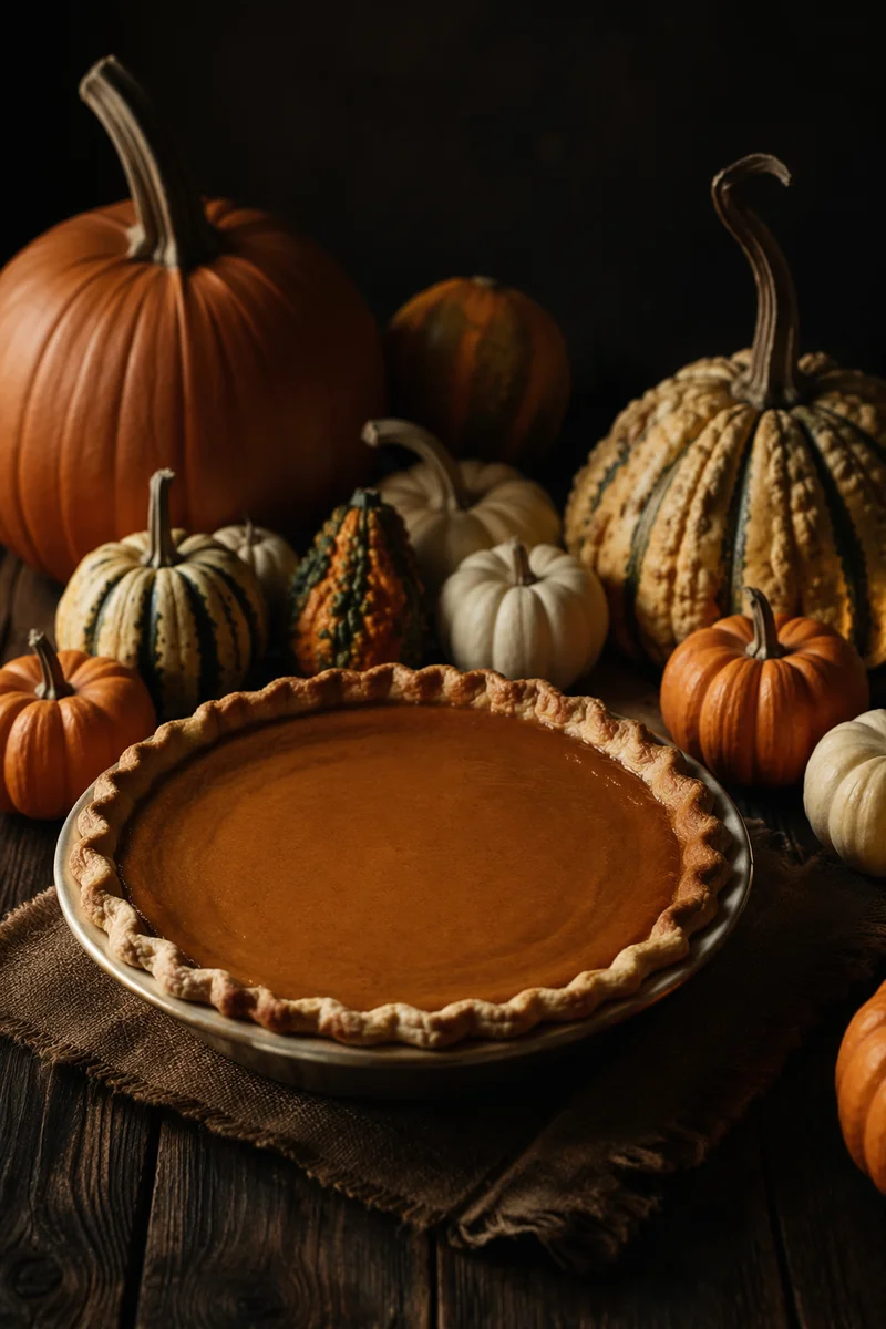 Thanksgiving Pumpkin Pie on Rustic Harvest Table