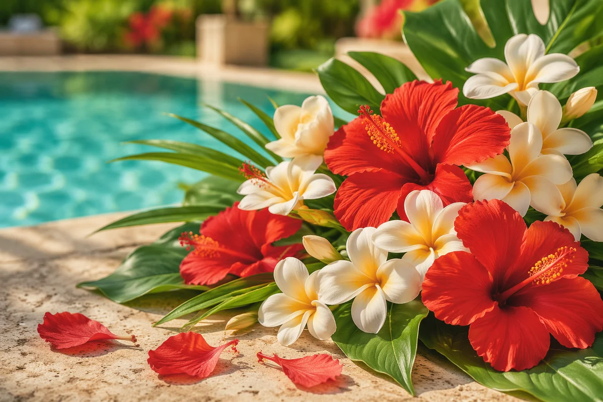 Vibrant Plumeria and Hibiscus Summer Arrangement