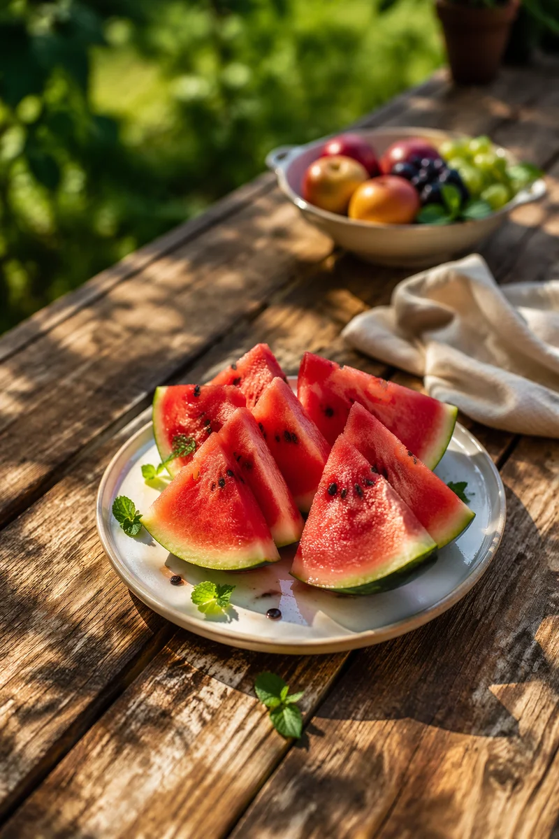 Sunlit Watermelon Slices on Picnic Plate