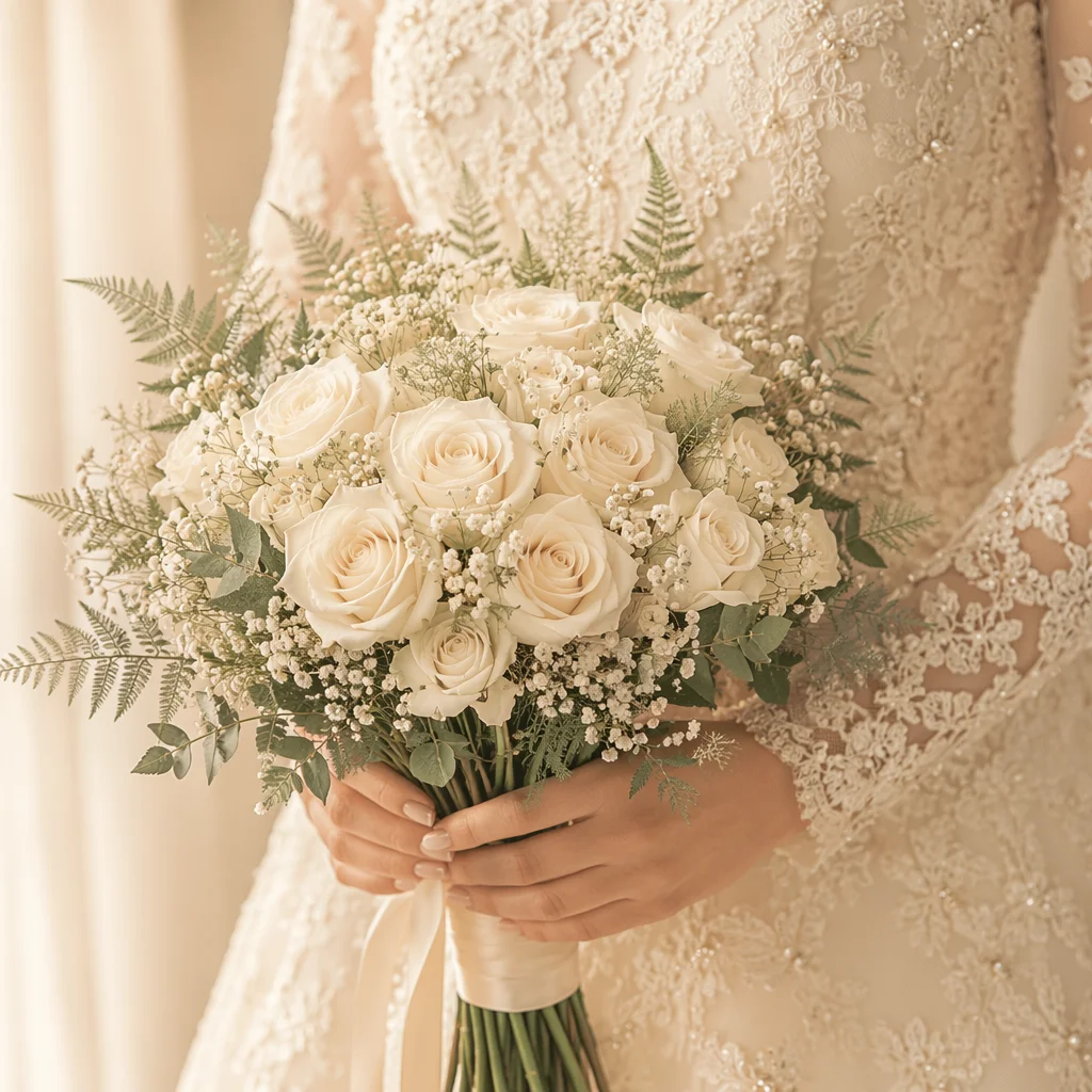 Elegant White Rose Wedding Bouquet Closeup