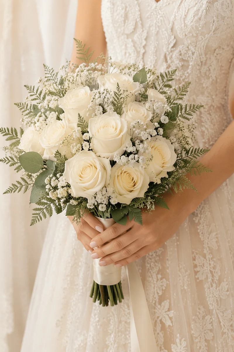 Elegant White Rose Wedding Bouquet Close-Up
